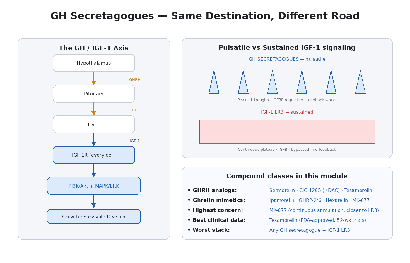 Figure 13.1 — The GH/IGF-1 axis. Secretagogues hit the pituitary; the liver produces IGF-1. The key biological distinction: pulsatile, IGFBP-regulated elevation is fundamentally different from sustained, IGFBP-bypassing LR3 administration.